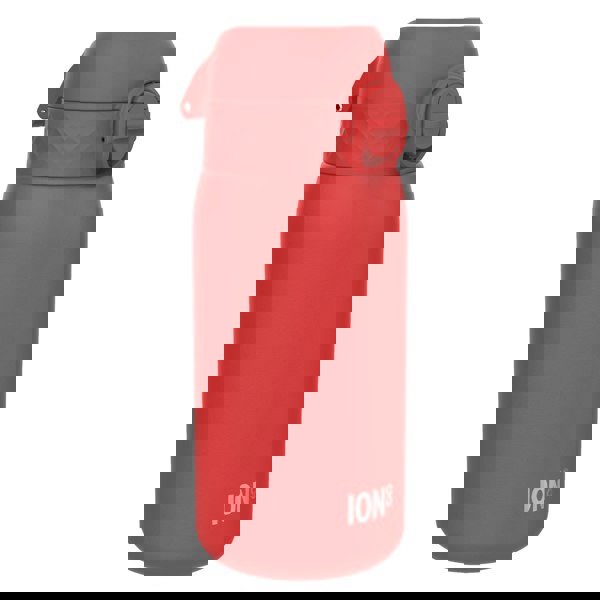 A red ION8 water bottle sits on a white background. The bottle is closed. ION8 is printed on the bottle.