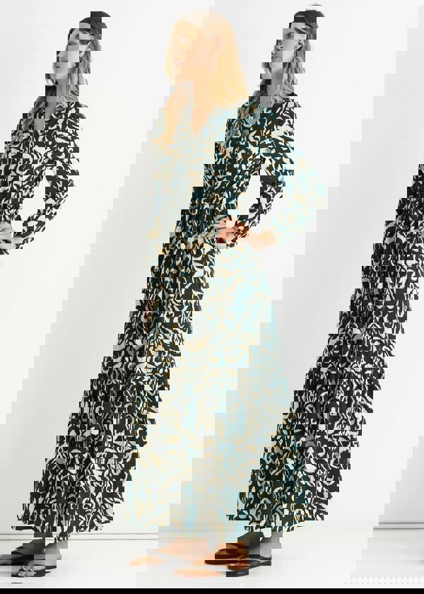 Gini London Green Ikat Print Tie Waist Maxi Dress