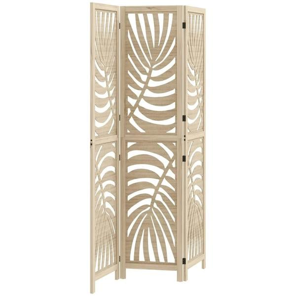 3-panel room divider privacy screen with palm leaf cutout, natural wood finish