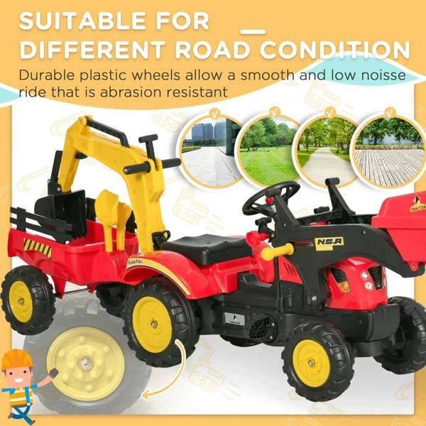 Red and yellow pedal ride-on excavator toy with rugged plastic tires and rear attachment