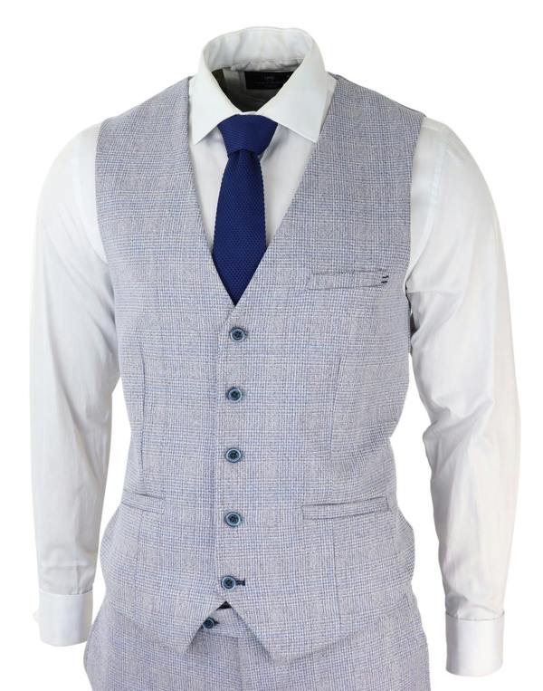 House of Cavani Mens 3 Piece Tweed Suit Light Blue Check Peaky Blinders 1920 Gatsby Wedding Suit