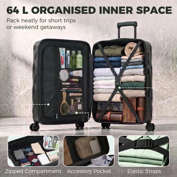 24Inch Suitcase, ABS Hard Shell Checked Luggage with TSA Lock, Spinner Wheels, Telescopic Handle, Black