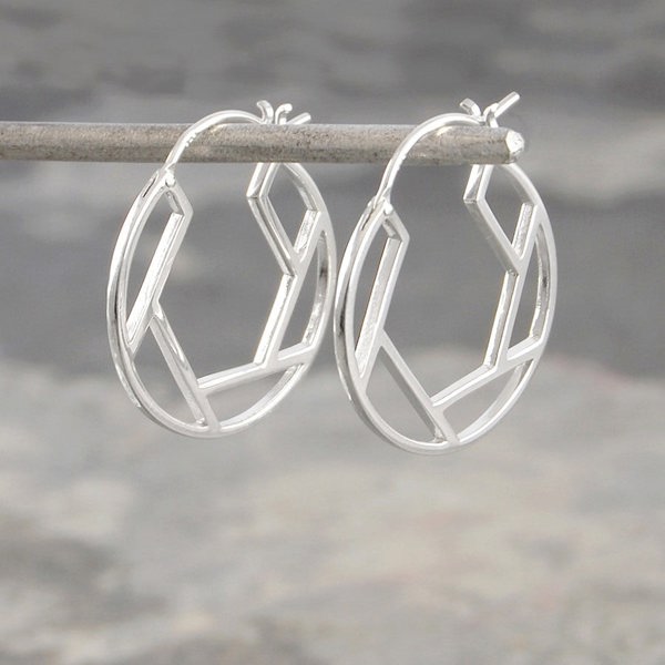 Round Handmade Geometric Silver Hoop Earrings