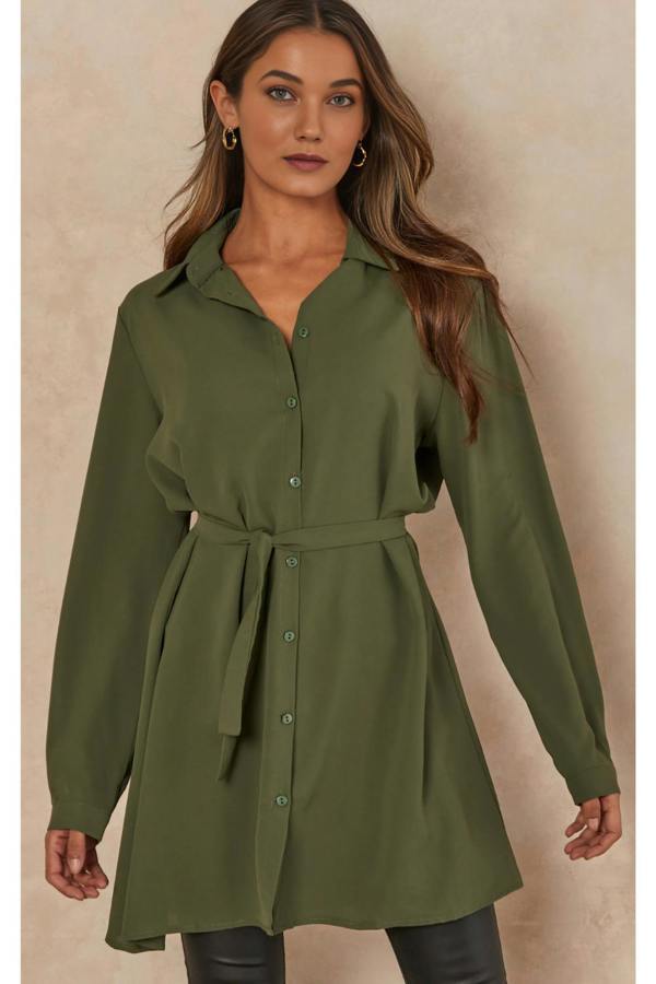 Hoxton Gal Oversized Tie Detailed Shirt Tunic with Long Sleeves in Khaki
