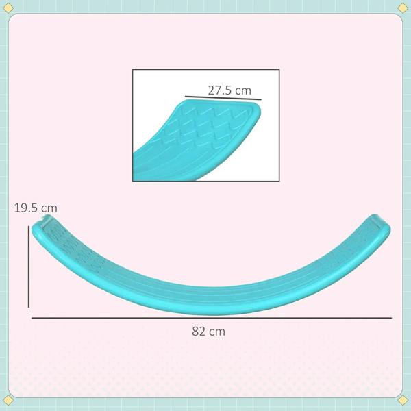 Teal kids wobble balance board with molded tread, labeled dimensions for length and width.