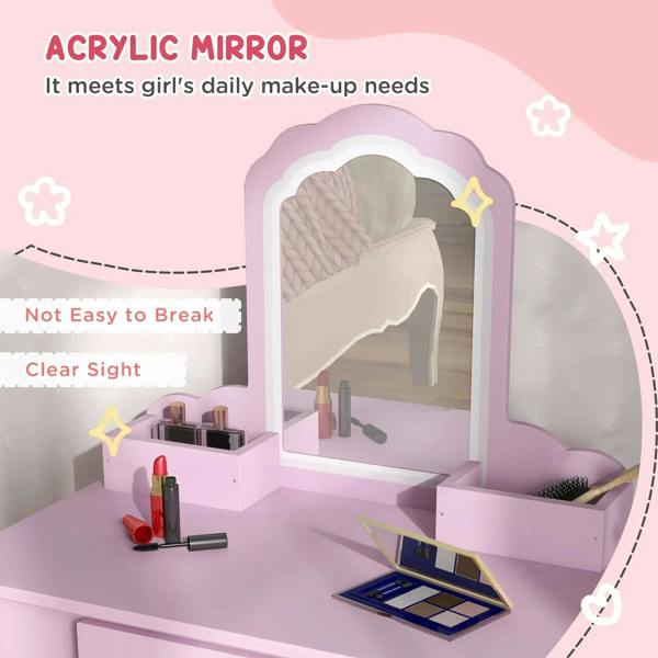 Pink vanity table set with acrylic mirror, storage shelves, and tabletop accessories