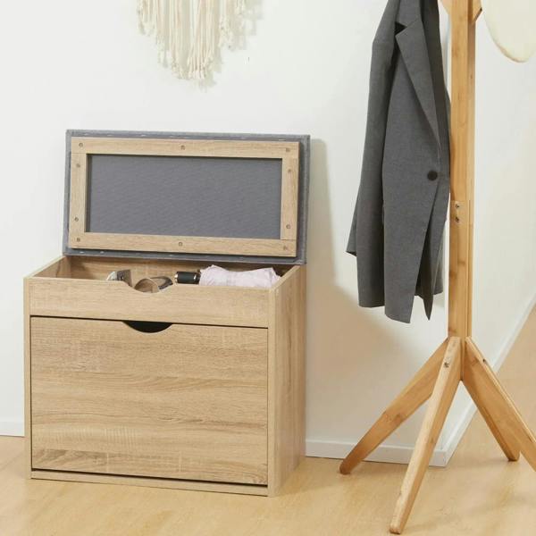 Shoe storage bench with flip-up lid revealing hidden storage area, natural wood