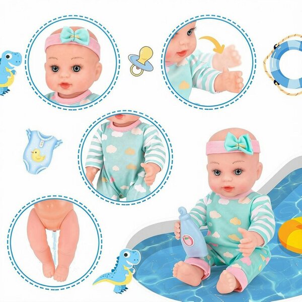 deAO Toys deAO 12” Baby Doll Bath Playset with Working Bathtub, 2 Outfits & Accessories Pretend Bath‑Time Role‑Play Toy for Kids Ages 3+, Blue