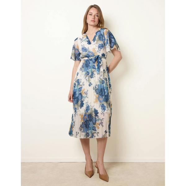 Blue Vanilla Crossover Pleated Print Dress