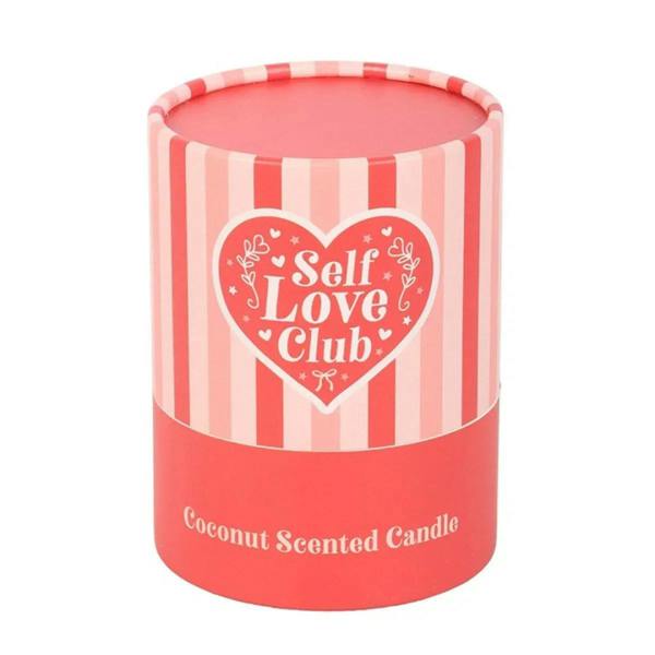 Coconut scented candle in red striped tin with Self Love Club heart label