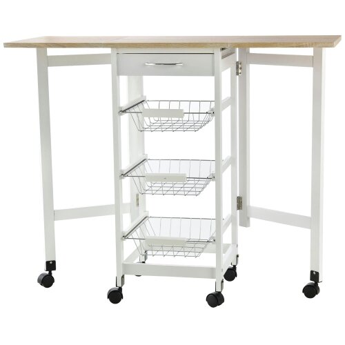 Wyld Haus Ziha Wooden White Oak Tone Drop Leaf Kitchen Trolley With Baskets And Wheels