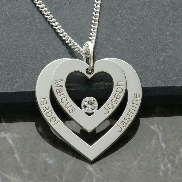 Christopher James of London 9ct White Gold Double Heart Personalised Necklace With Crystal
