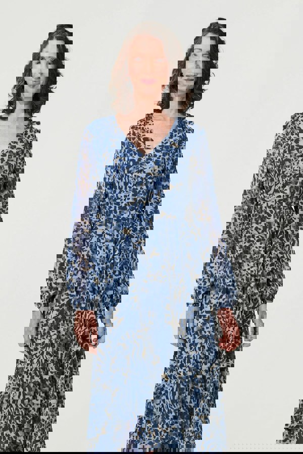 Blue | Animal Print Sheer Hanky Hem Midi Dress
