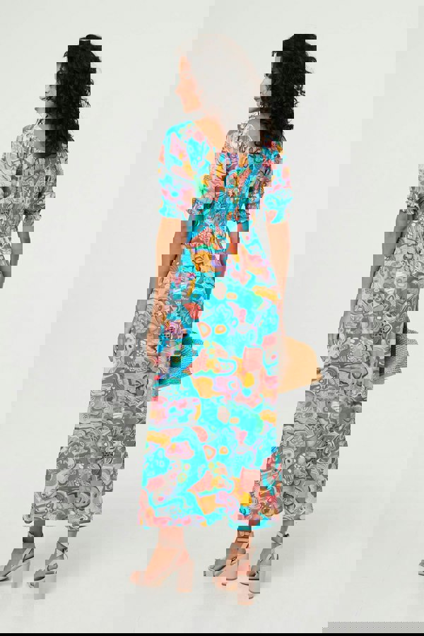 Blue | Abstract Tie Neck Puff Sleeve Midi Dress
