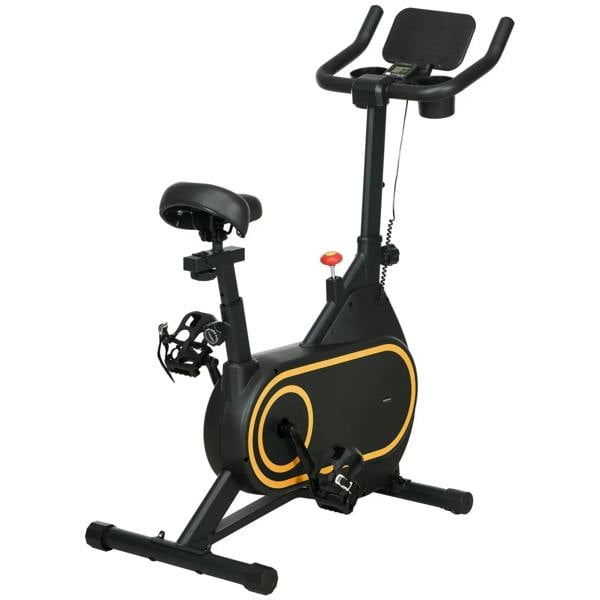 Black indoor cycling bike with adjustable seat, handlebars, pedals, and tablet holder