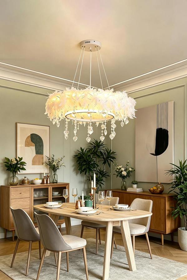 Double-Layer Feather LED Chandelier Pendant Light with Crystals
