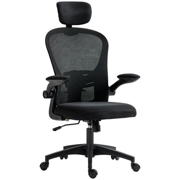 Black mesh office chair with headrest, lumbar support, padded seat, and caster base