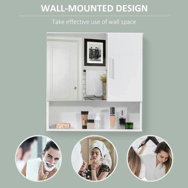 White wall-mounted mirror cabinet with open shelves and storage space behind doors