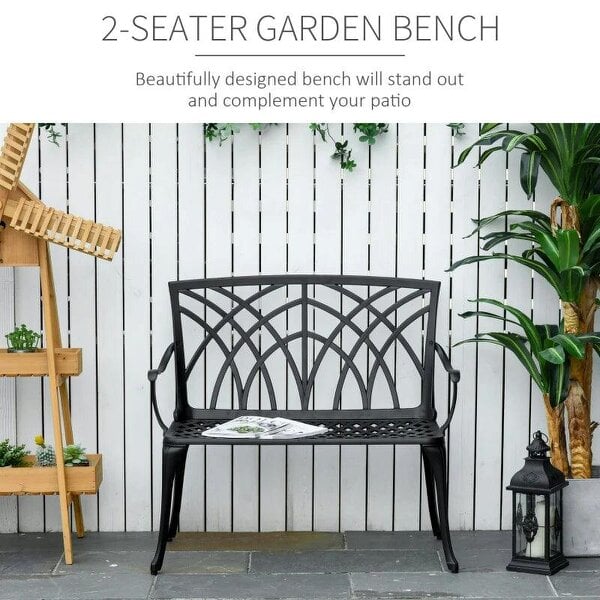 2-Seater Cast Aluminium Garden Bench Loveseat Outdoor Furniture Chair w/ Decorative Backrest & Ergonomic Armrest for Patio Terrace Porch