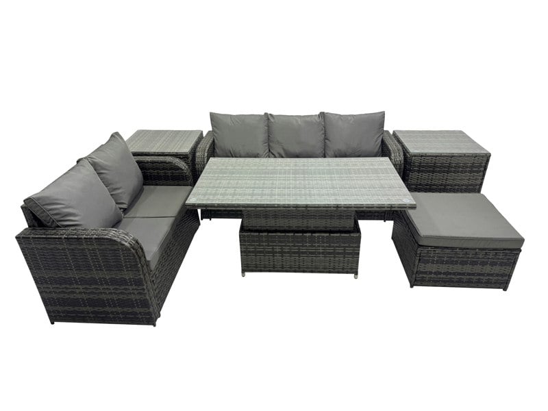 Fimous Rattan Garden Furniture Dining Set 6 seater Patio Height Adjustable Rising Lifting Table Sofa Set with 2 Side Tables Dark Grey Mixed