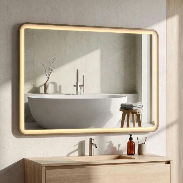 Bathroom Mirror with LED Lights, 100x70cm Rectangle Bathroom Mirror, Dimmable, Bluetooth, Anti-Fog, Gold Tone