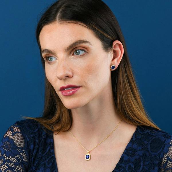 namana Gold Plated 925 Sterling Silver Blue Rectangle Halo Pendant Necklace For Women