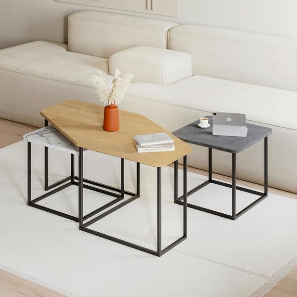 Decortie Modern Nesty Coffee Table Nest of 3 Tables Nested Table Engineered Wood w/Metal Legs