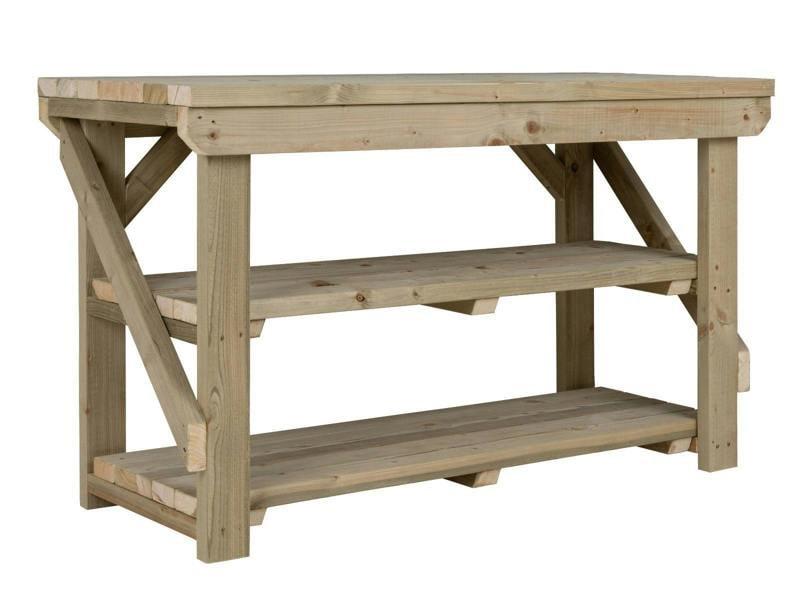 Indoor/Outdoor Pressure-Treated Double Shelf Workbench, a robust and versatile solution for all your workspace needs. Handcrafted in the UK, this workbench is constructed from high-quality, pressure-treated timber, ensuring durability and resistance to the elements, making it suitable for both indoor and outdoor use.