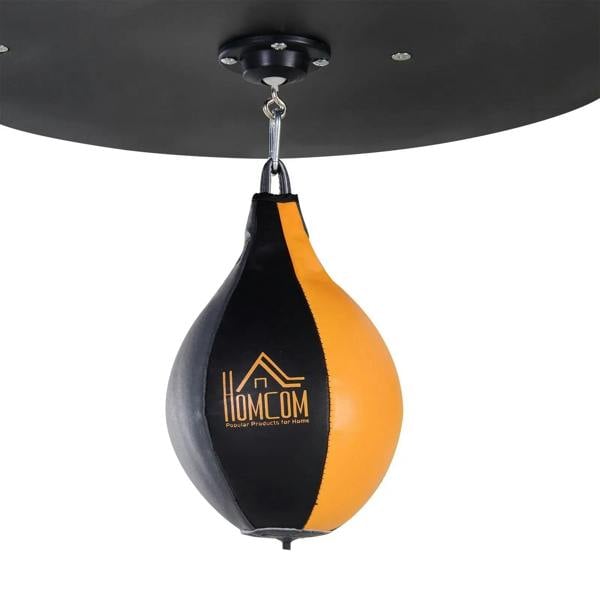 Orange and black teardrop speed ball punching bag with hanging chain and mount