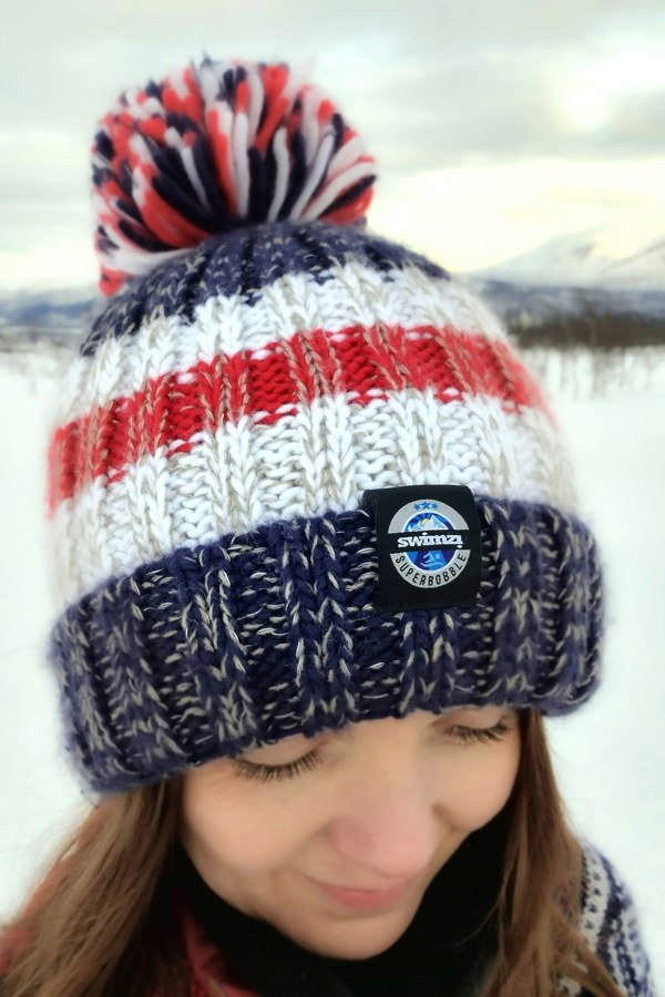 SuperBobble Rib Knit Beanie Bobbie Hat - Navy Red