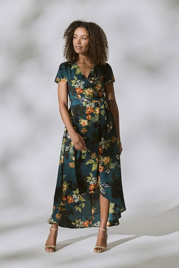 Teal | Floral High Low Wrap Maxi Dress : Model is 5'8"/172 cm and wears UK8/EU36/US4/AUS8