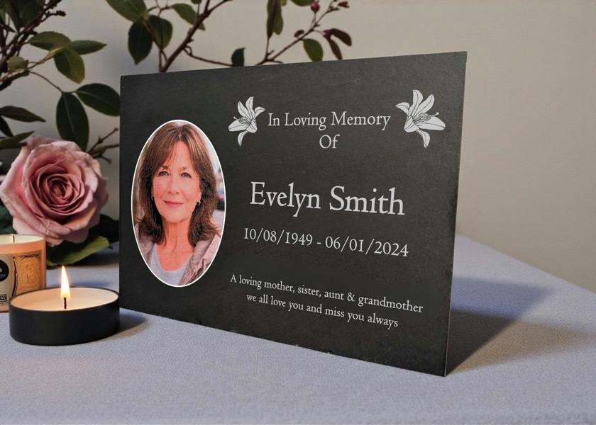 Memorials Direct Photo Slate Memorial Plaque, Lilys, Add a Portrait & Personalised Text | 35×25cm (14×10”)