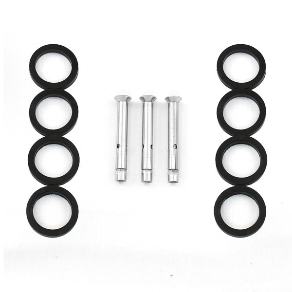 Stainless steel balustrade end post components including six black rubber rings and three silver metal bolts for secure installation