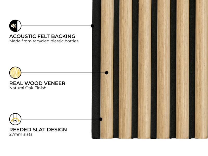 Fuse Acoustic Wooden Reeded Wall Panel in Natural Oak, 2.4m x 0.6m