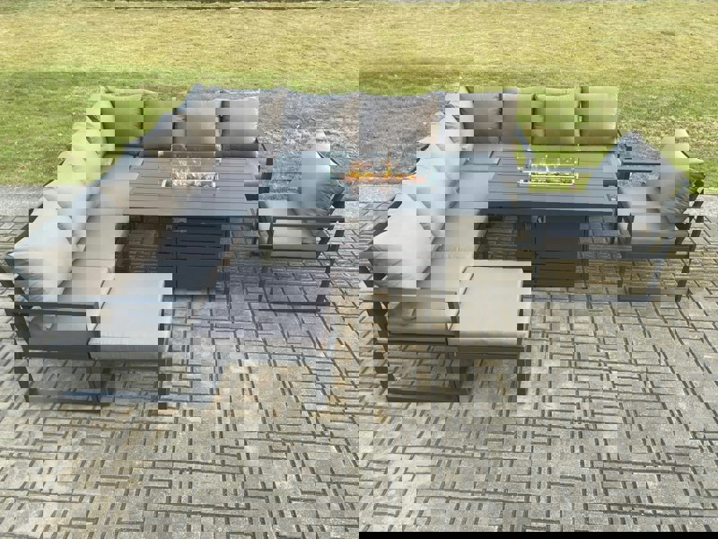 Fimous Aluminium 9 Seater Garden Furniture Outdoor Set Patio Lounge Sofa Gas Fire Pit Dining Table Set with Chair Big Footstools Dark Grey