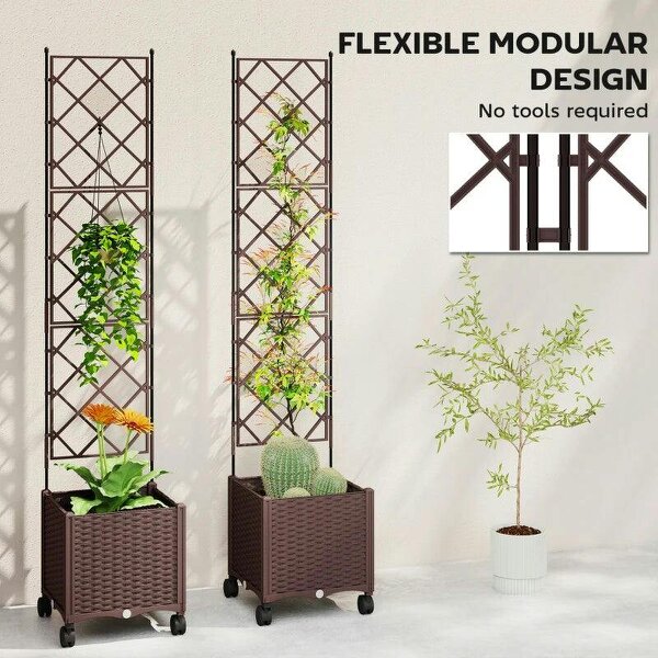 Plastic Raised Planter with Trellis, Self Watering Raised Bed for Garden with Wheels, Drainage Holes, Brown