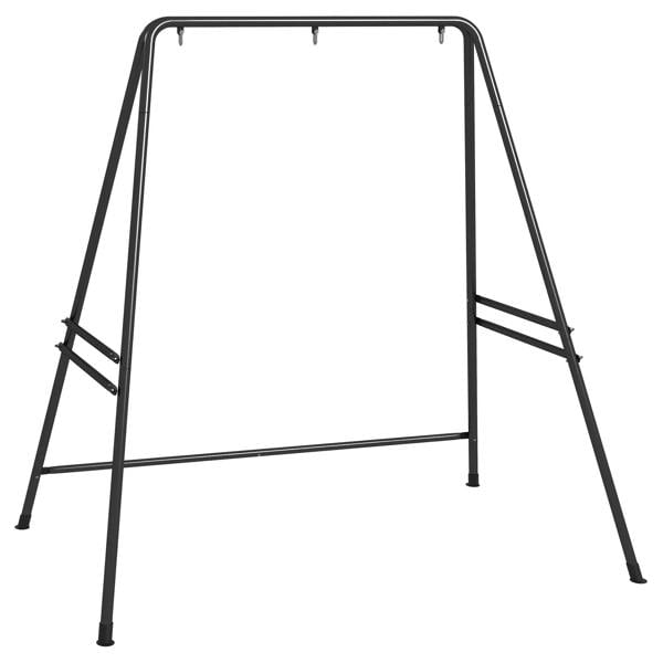 Black metal hammock chair stand with A-frame legs and top hanging hooks