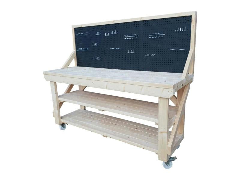 Wooden Kiln-Dry Double Shelf Workbench with Pegboard – Sturdy and Durable Workstation for Garages, Workshops, and Sheds with Tool Organization Panel, Available with Wheels or Without