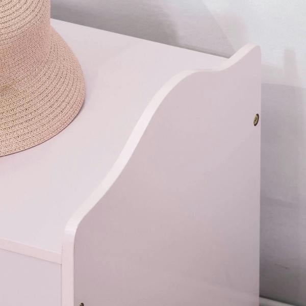 Pink wooden toy box end panel with decorative curved side and safety screw hardware.