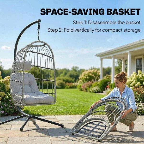Hanging Egg Chair, Indoor Outdoor Hammock Swing Chair with Stand, Safety Strap, Foldable Basket, Light Grey