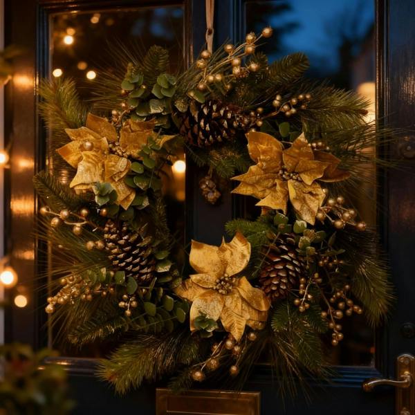 60cm Gold Poinsettia, Berry and Cone Artificial Christmas Wreath for Indoor Display image 6