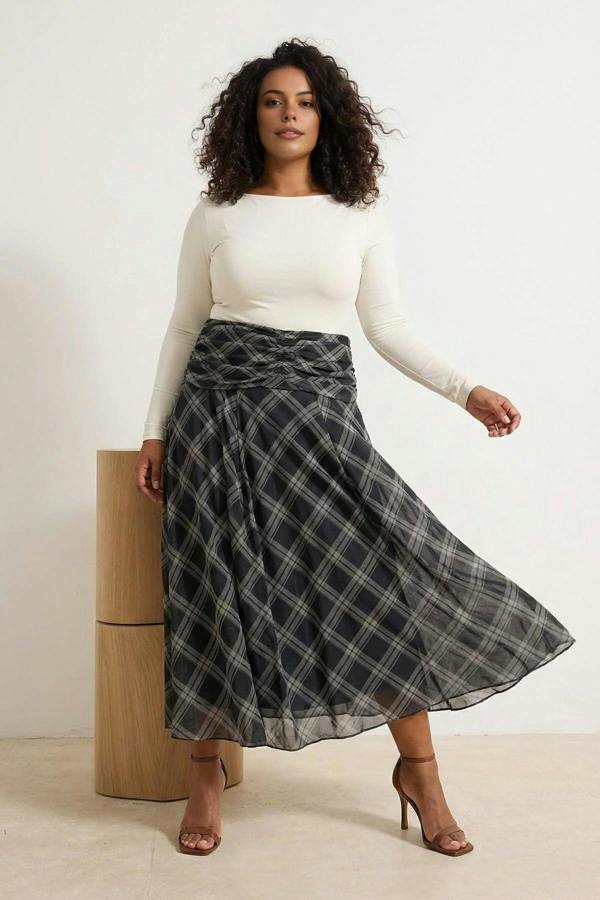 WOVCOR Draped Boho Chic Printed Tulle Stretch Knit Skirt