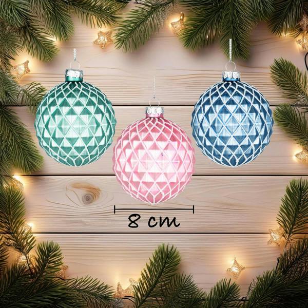8cm Glass Christmas Baubles 12 Pack in Assorted Green, Pink and Blue Festive Designs image 1