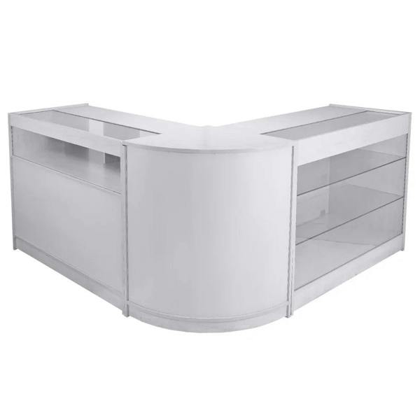 Brilliant white retail display set featuring a sleek, curved design with glass shelves and a modern, polished finish