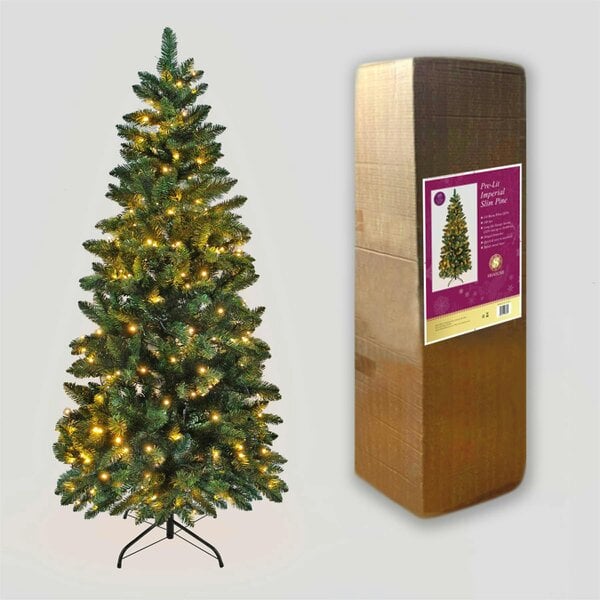 Shatchi 4ft to 7ft Slim Green Pre-Lit Pine Christmas Trees with Warm White LEDs and Metal Stand