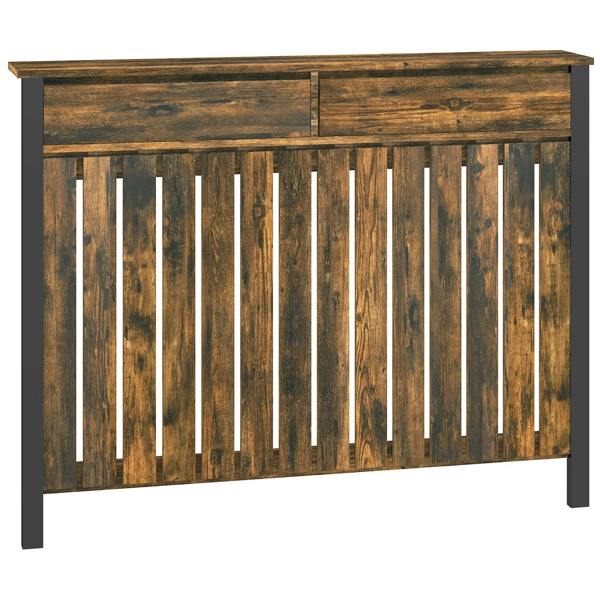 Rustic brown radiator cover with slatted vertical openings and black legs, 93x119 cm