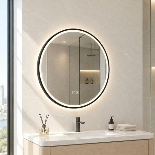 HOMCOM LED Bathroom Mirror, 60cm Round Bathroom Mirror, Dimmable, Black