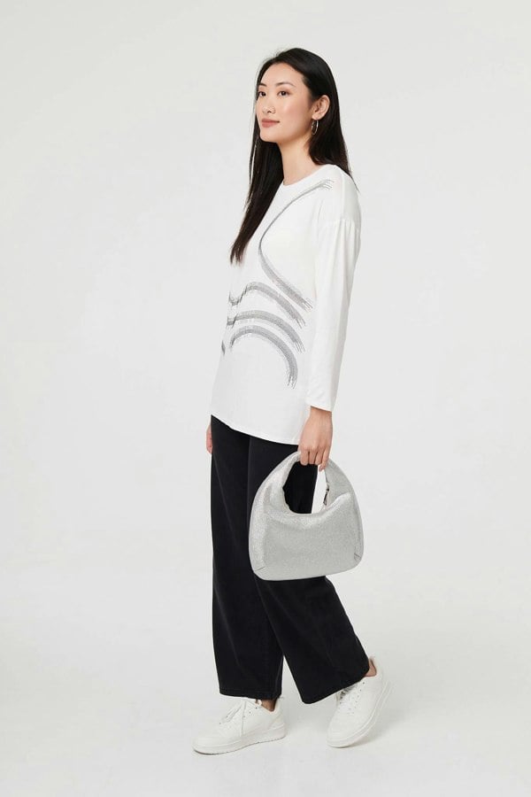 White | Sparkly Embellished Long Sleeve Top
