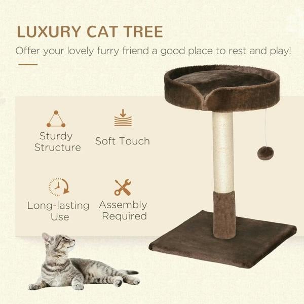 Brown cat tree with soft round top bed, sturdy post, flat base, and hanging ball toy