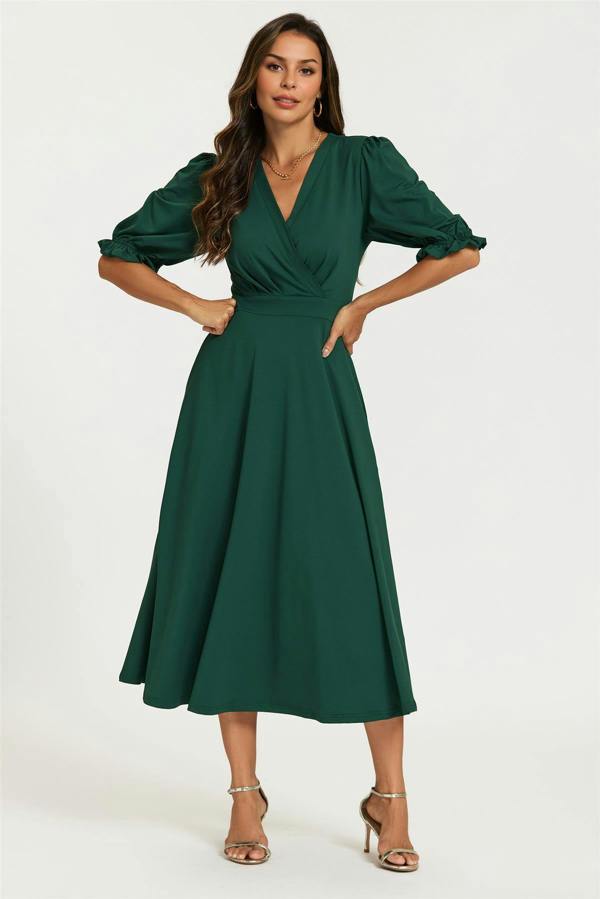 FS Collection Half Sleeves Jersey Midi Dress with Wrap Neckline In Green